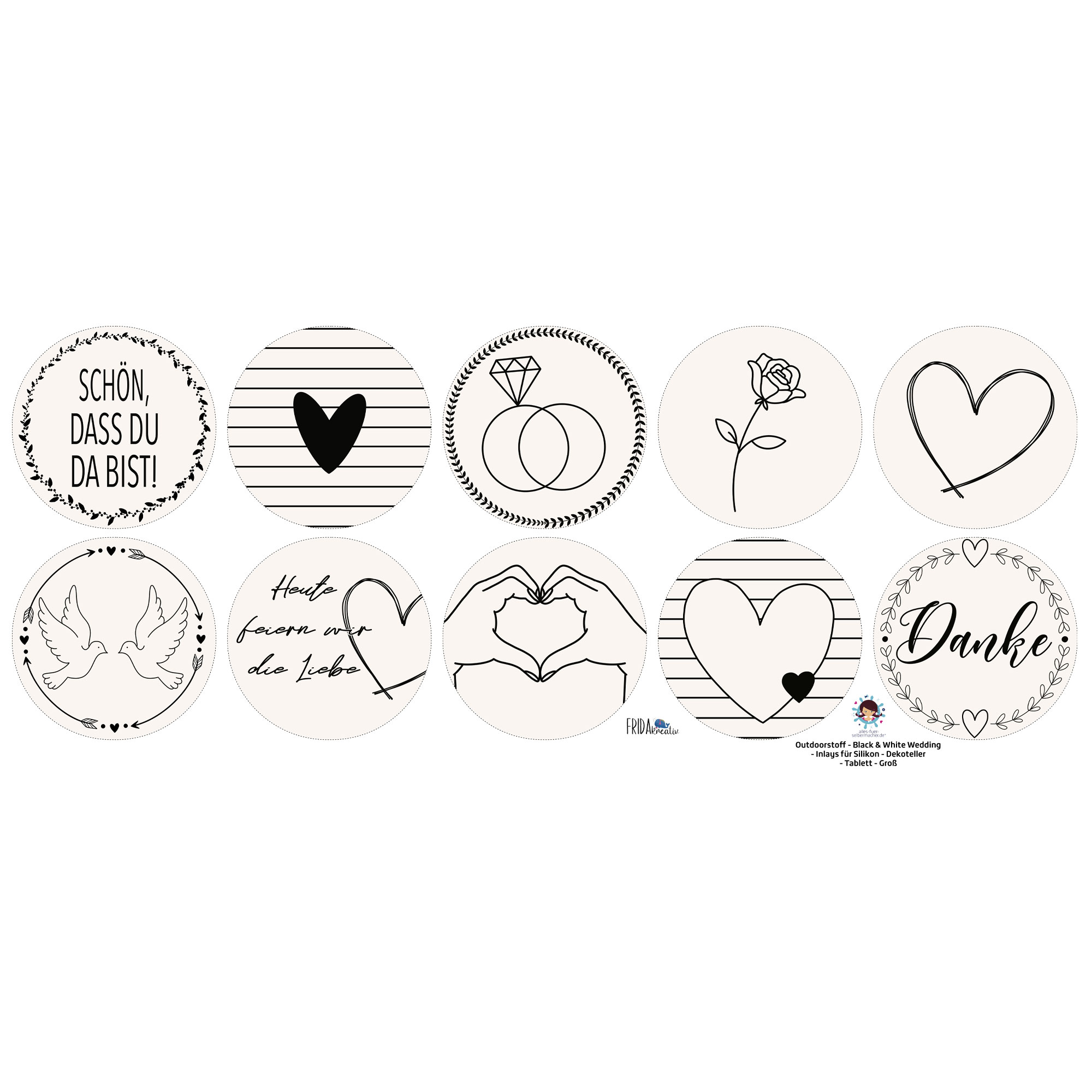 Outdoorstoff - Black & White Wedding - Inlays für Silikon - Dekoteller - Tablett - wähle aus 4 Varianten - Frida Kreativ - abby and amy – Bild 3